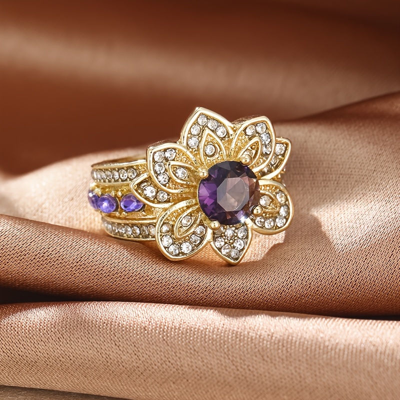 TEMU An Elegant Purple Synthetic Zirconia Flower Ring, Anniversaries And Daily Wear, Making It An Ideal Jewelry Gift For Women