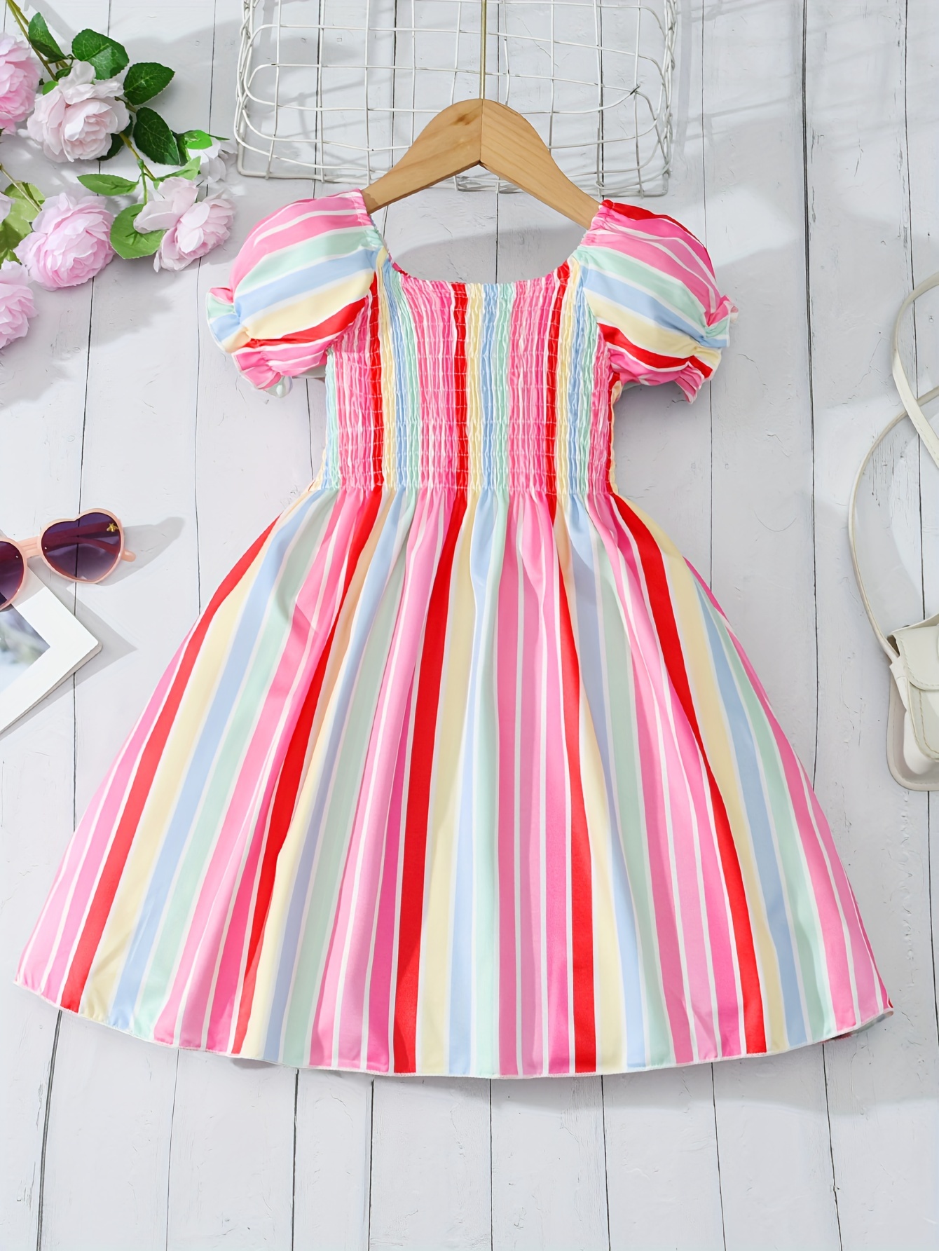 contrast color striped puff sleeve dress girls comfy casual - Temu