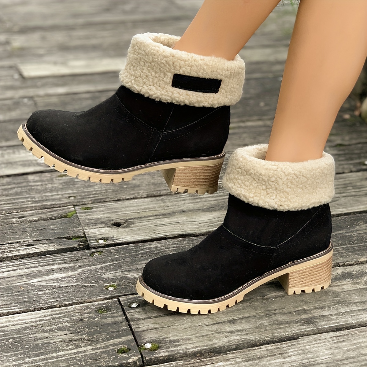 

Women's Warm Plush Lined Boots, Chunky Heeled Ankle Boots, Classic & Comfortable Chelsea Boots