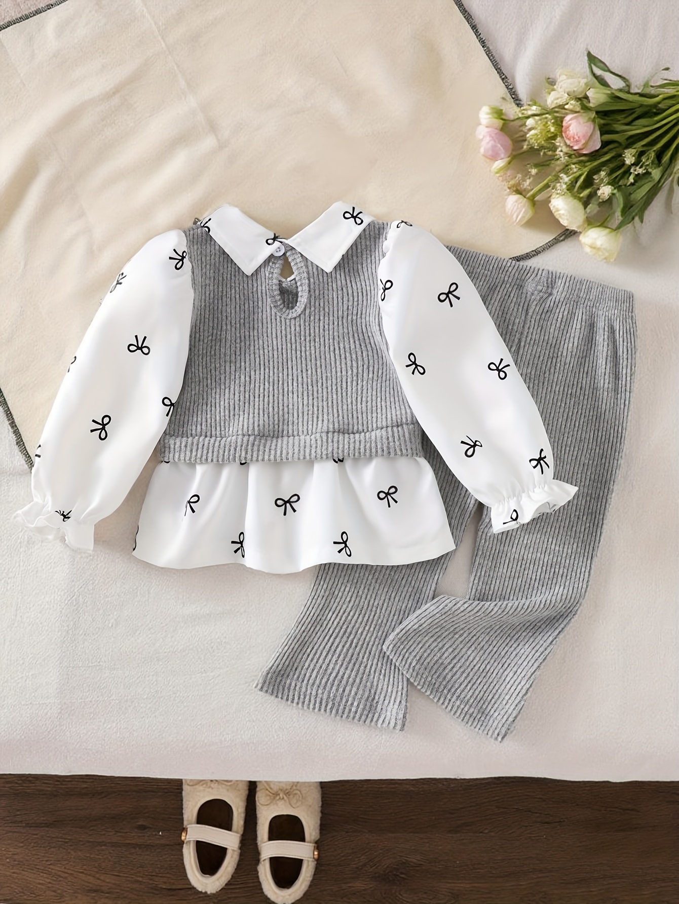 girls spring autumn elegant 2pcs set bow print   color block   two piece long sleeve casual shirt top and   fit flared pants outfit   outdoor Product details 0