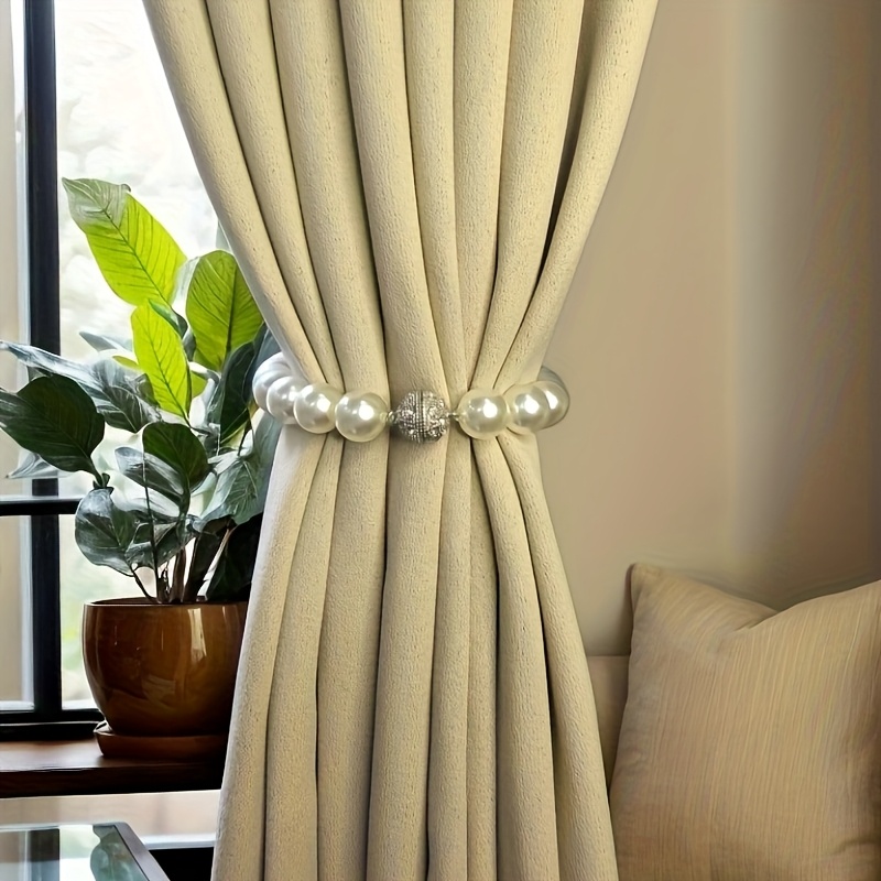 Image of 2pcs Stylish Magnetic Tiebacks For Curtains - Elegant Pearl Beads Holdbacks For Bedroom And Living Room Home Decor