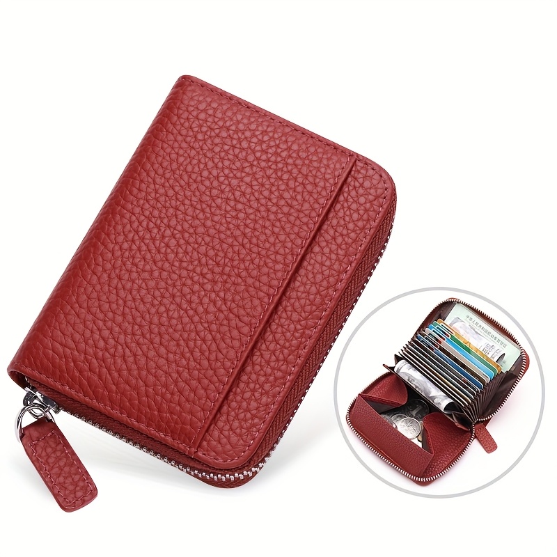 Portefeuille En Cuir Véritable Rouge Pour Femme - Fermeture Pression - Protection RFID