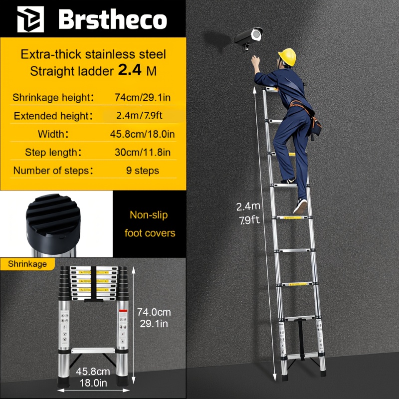 Image of Telescopic Ladder 2.4m//3.6m/4.2m/4.9m/6.1m, Adjustable Height Folding Ladder With Stabilising Bar And Removable Hooks Roofing Car Roof Ladder