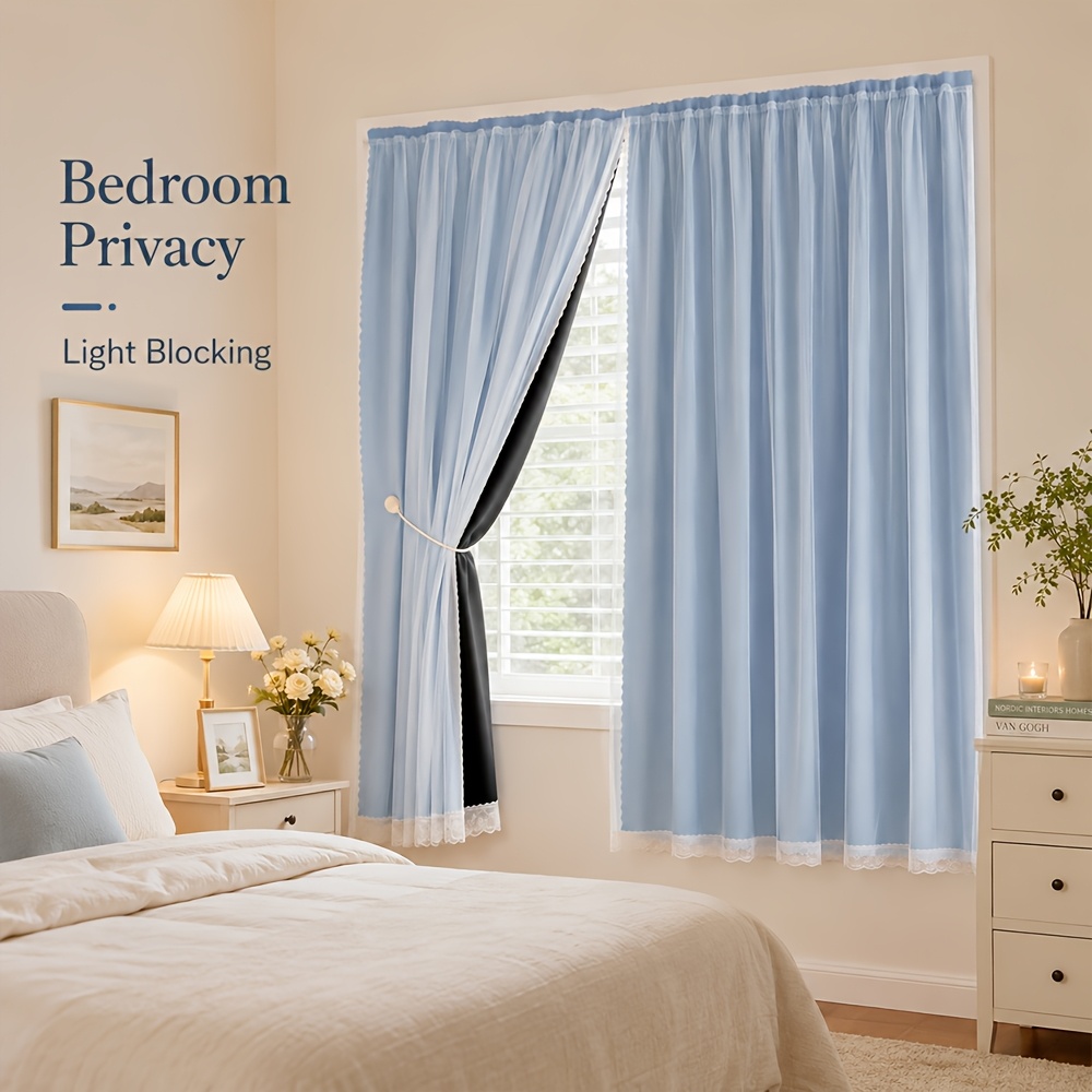 Solid Color Double Layer 100% Blackout Curtains With Sheer Layer, Fast Installation Window Drapes, Privacy Protection& Sun Blocking Curtains For Bedroom, Living Room& Apartment, Home Aesthetic