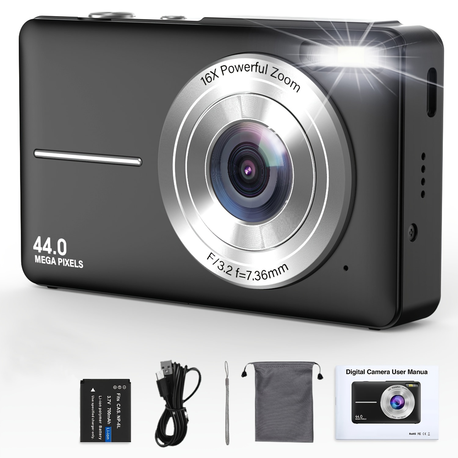 TEMU Songdian 44mp 1080p Hd Digital Camera 16x Digital Zoom Cameras For Vlogging 2.4 '' Lcd Rechargeable Camera Photography Professional Camera For