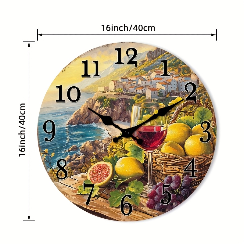 TEMU 1pc Coastal Village Wall Clock - Non-ticking Wooden Round Clock With Fruit & Design, Living Room, Bedroom, Kitchen, Entryway, Office - 10" / 12"