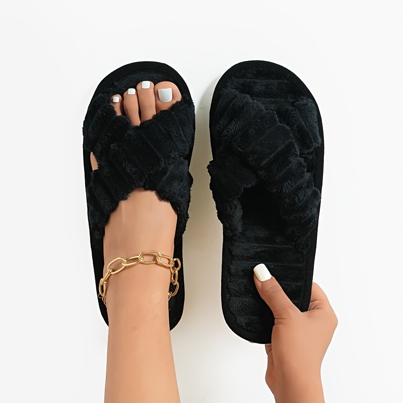 Women's -strap Open-toe Home Slippers, Thick-soled Faux Fur Slippers For Outdoor And Indoor Use In Autumn And Winter With Anti-slip Features.