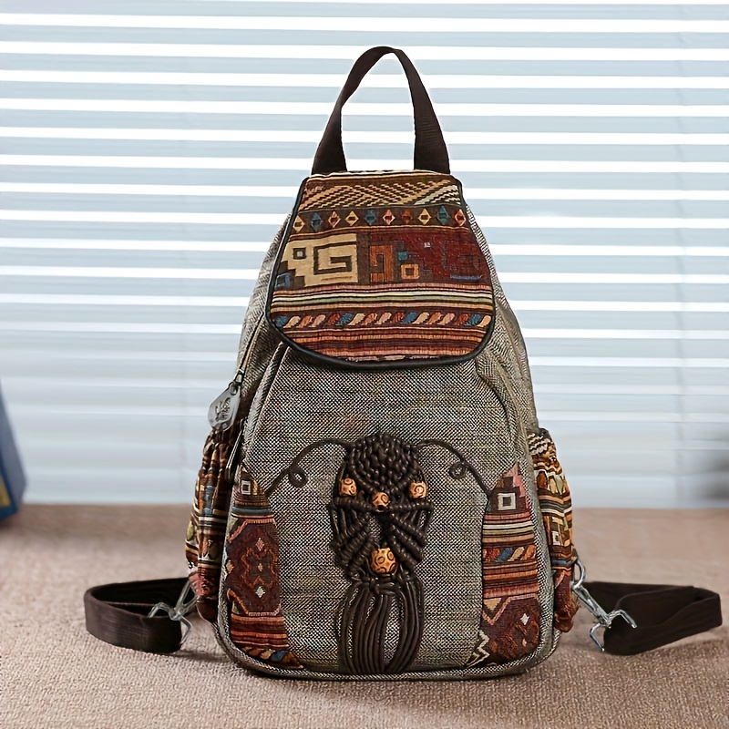 Handmade Backpack Women's Vintage Canvas Backpacks Geometrical Printed Bag Female Simple Travel Backpac