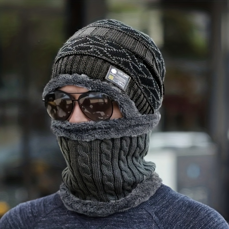 TEMU : Black, Brown, Gray, Navy Blue, Men's Winter Hat With Scarf, Piled And Thickened Thermal Cycling Hat, Suitable For Autumn And Winter, Cold