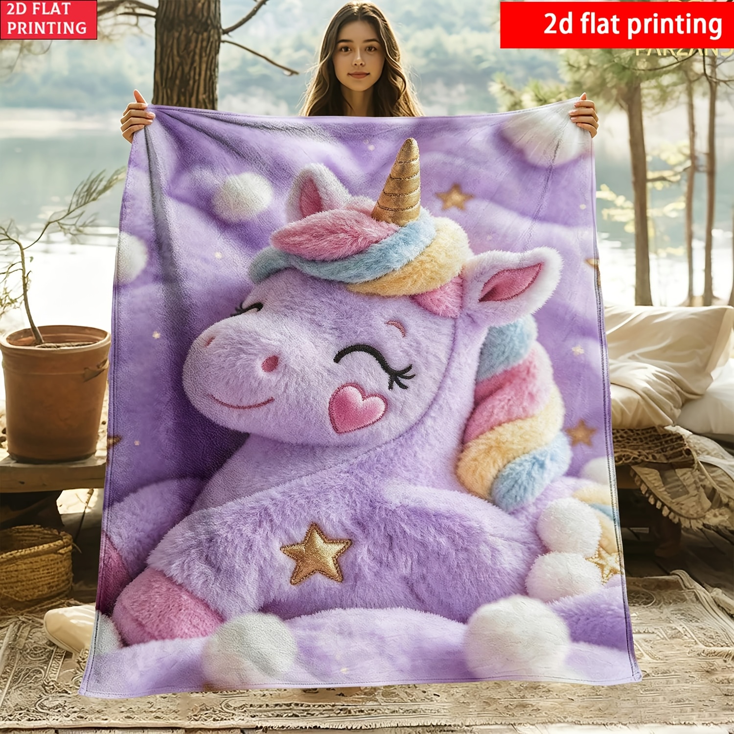 TEMU 2d Flat Printing, 1pc, Colorful Horse Lavender Fleece Blanket, Single-sided Printing, Suitable For Travel, Camping, Living Room, Office, A Soft