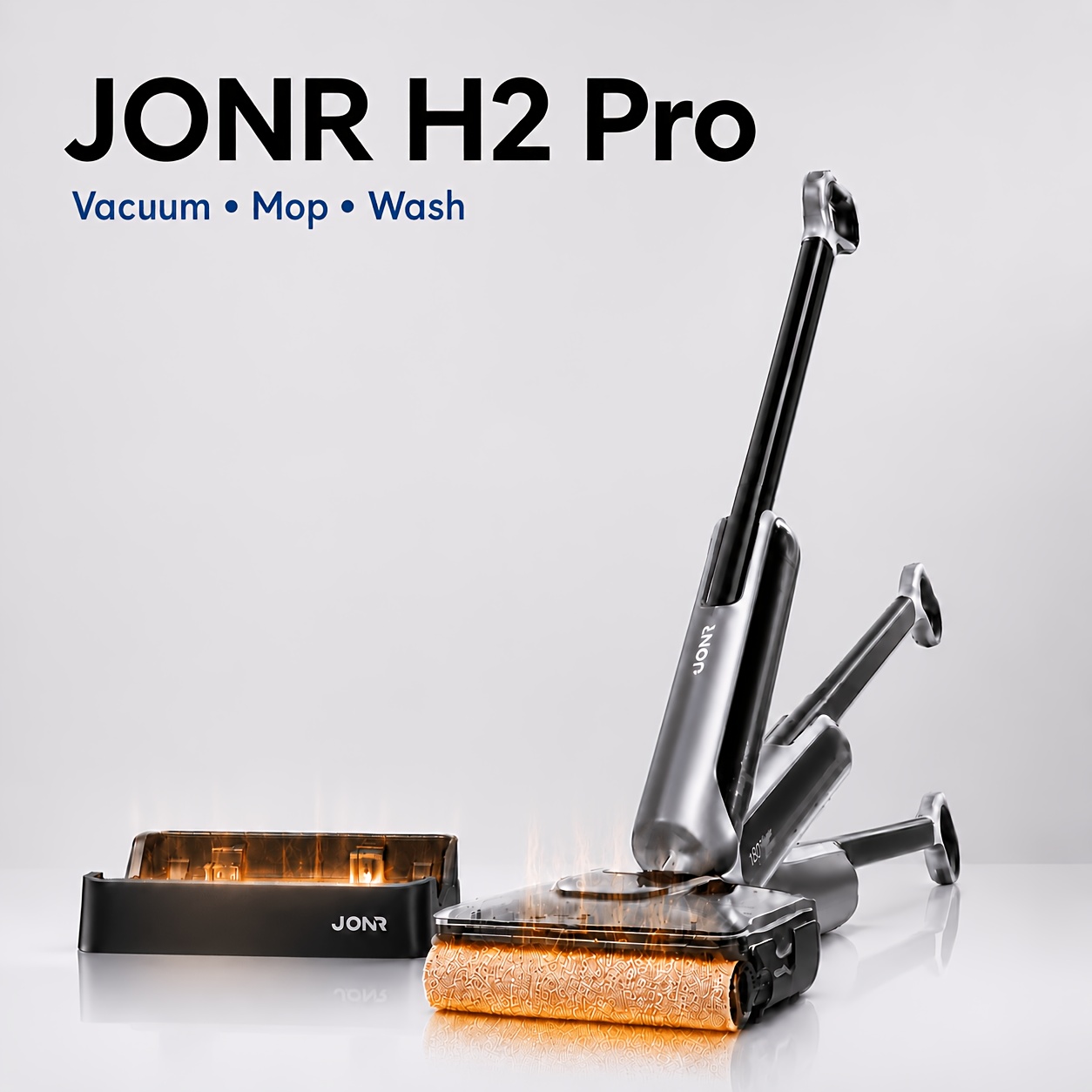 Image of Jonr Smart Wireless Floor Washer, 180° True Flat Lay+50° Flexible Steering, Anti-odor+zero-, Self-cleaning+hot Air Drying, 1500ml Water Tank, Led Display+voice Prompts, 50min Easily Handles Cleaning.