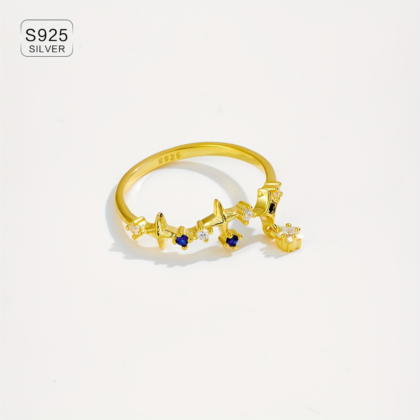 925 Silver Opening Ring Adjustable Size 18k Gold Plated Zirconia Accents