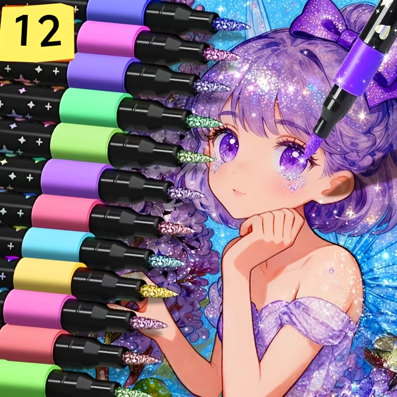 12-color Multicolor Glitter Paint Brushes Single-head Fluorescent Pens Soft-tip Glitter Brushes Art Painting