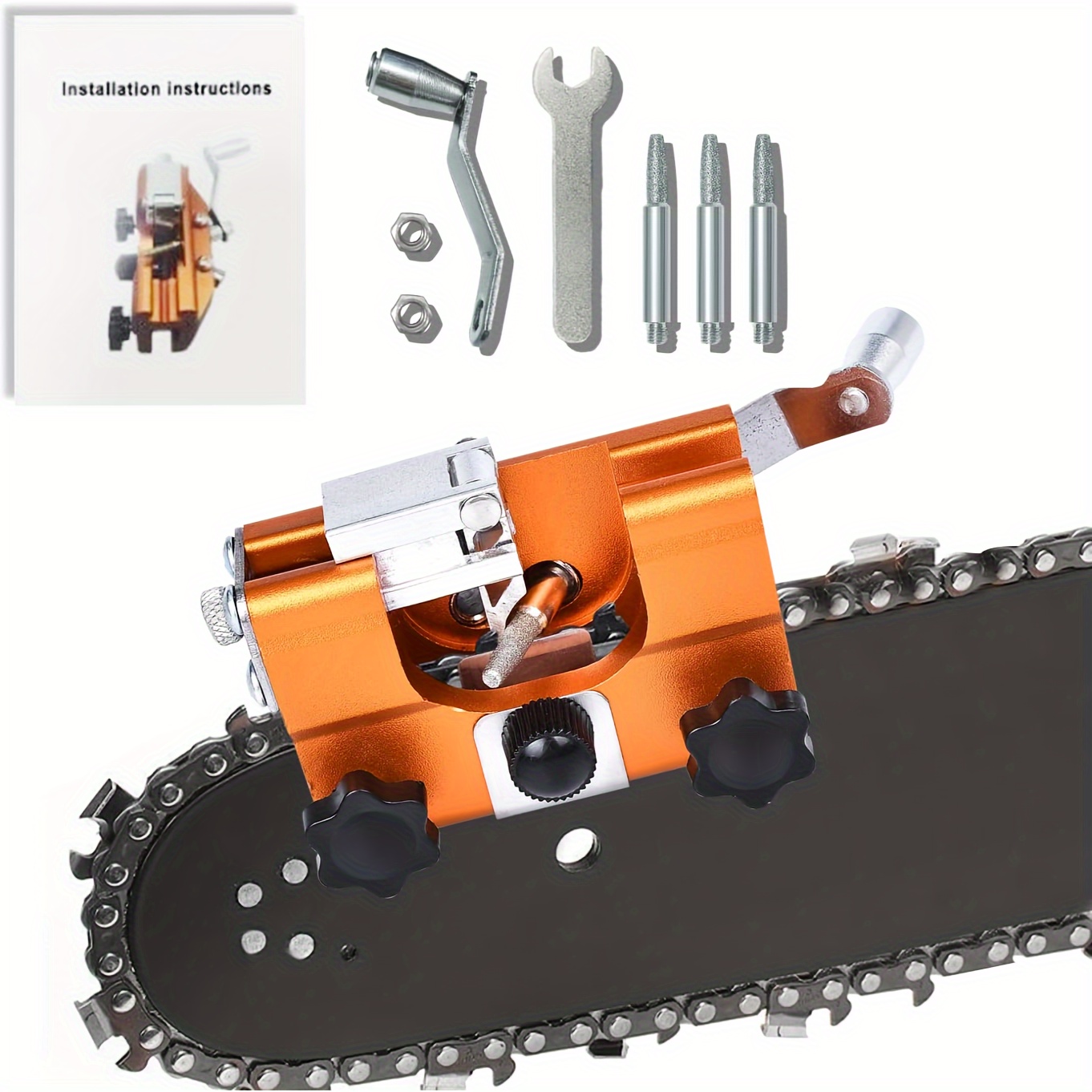 

Portable Chainsaw Sharpener Set With 3 Grinding Stones, 2 Nuts, 1 Wrench - Manual Power Source Chain Saw Blade Sharpener Tool Kit For Field Sharpening