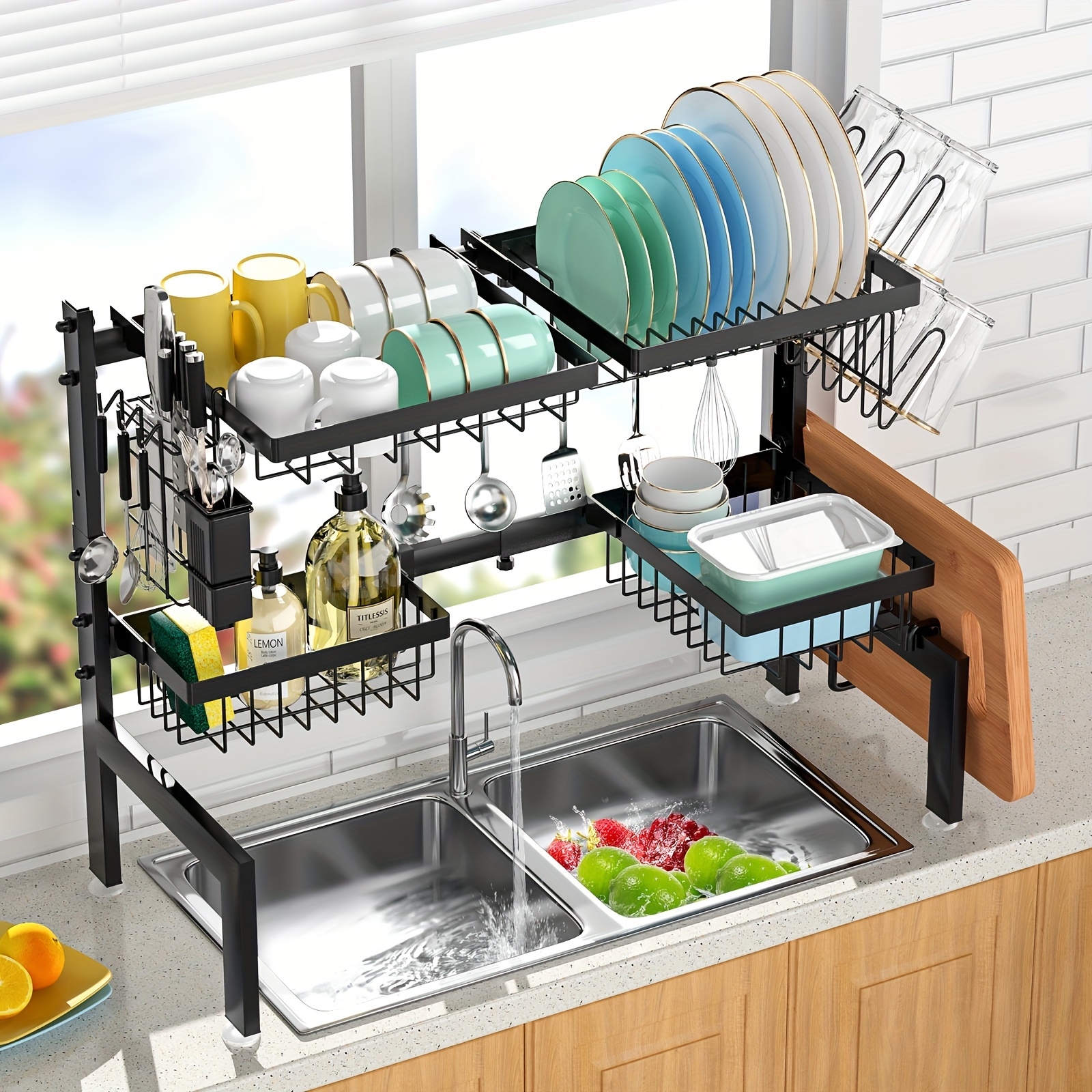 

Over The Sink Dish Drying Rack, Adjustable (25.6" To 36.6") Large Dish Drainer Drying Rack For Kitchen Counter With Multiple Baskets Utensil Sponge Holder Sink Caddy, 2 Tier Black, Height Adjustable