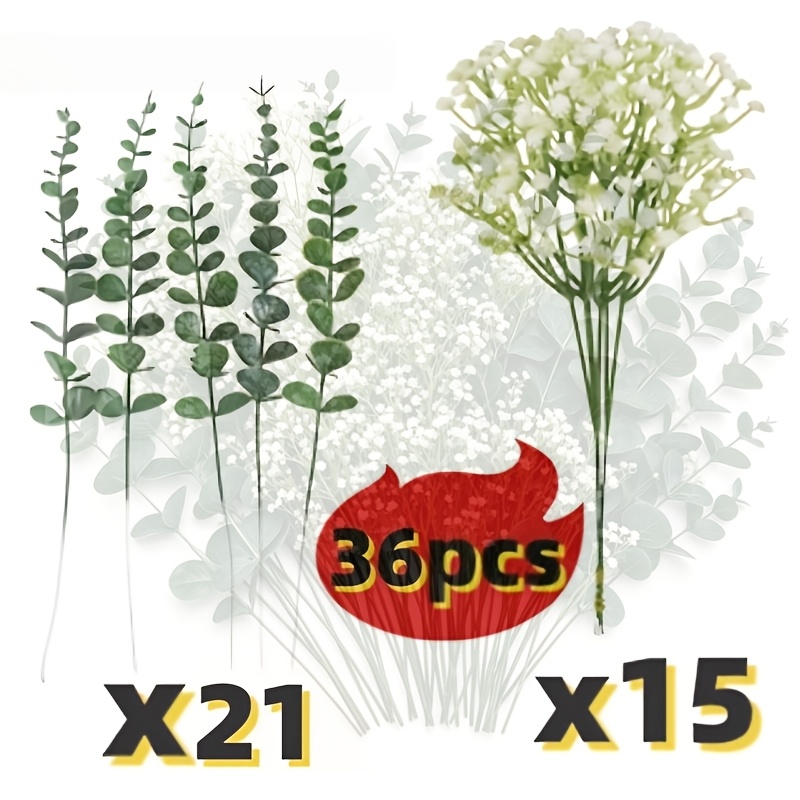 TEMU Set da 36 pezzi di composizione artificiale qualit�, rami di eucalipto verde-argenteo e di fiori simulati di gypsophila, decorativi realistici