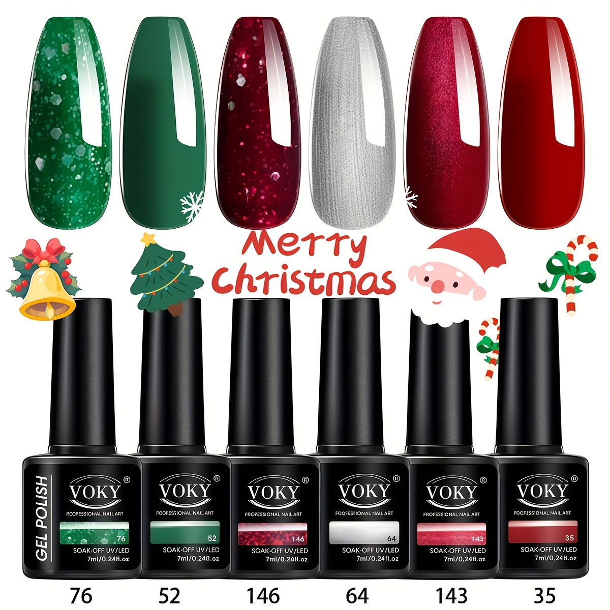 Image of Voky 6pcs/set Nail Gel Kit, Featuring Green/red/silvery Glitter, Easy To Apply, Long-lasting Durability, Nail Art For Your Fingertips, Trendy Colors For Autumn And Winter, Perfect For Christmas Nails