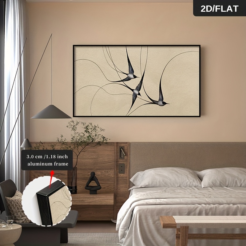 TEMU 2d Flat, Large Modern Abstract Bird Wall Art Framed Canvas - Horizontal Spray-painted With Aluminum Frame, Horizontal For Living Room, Bedroom,