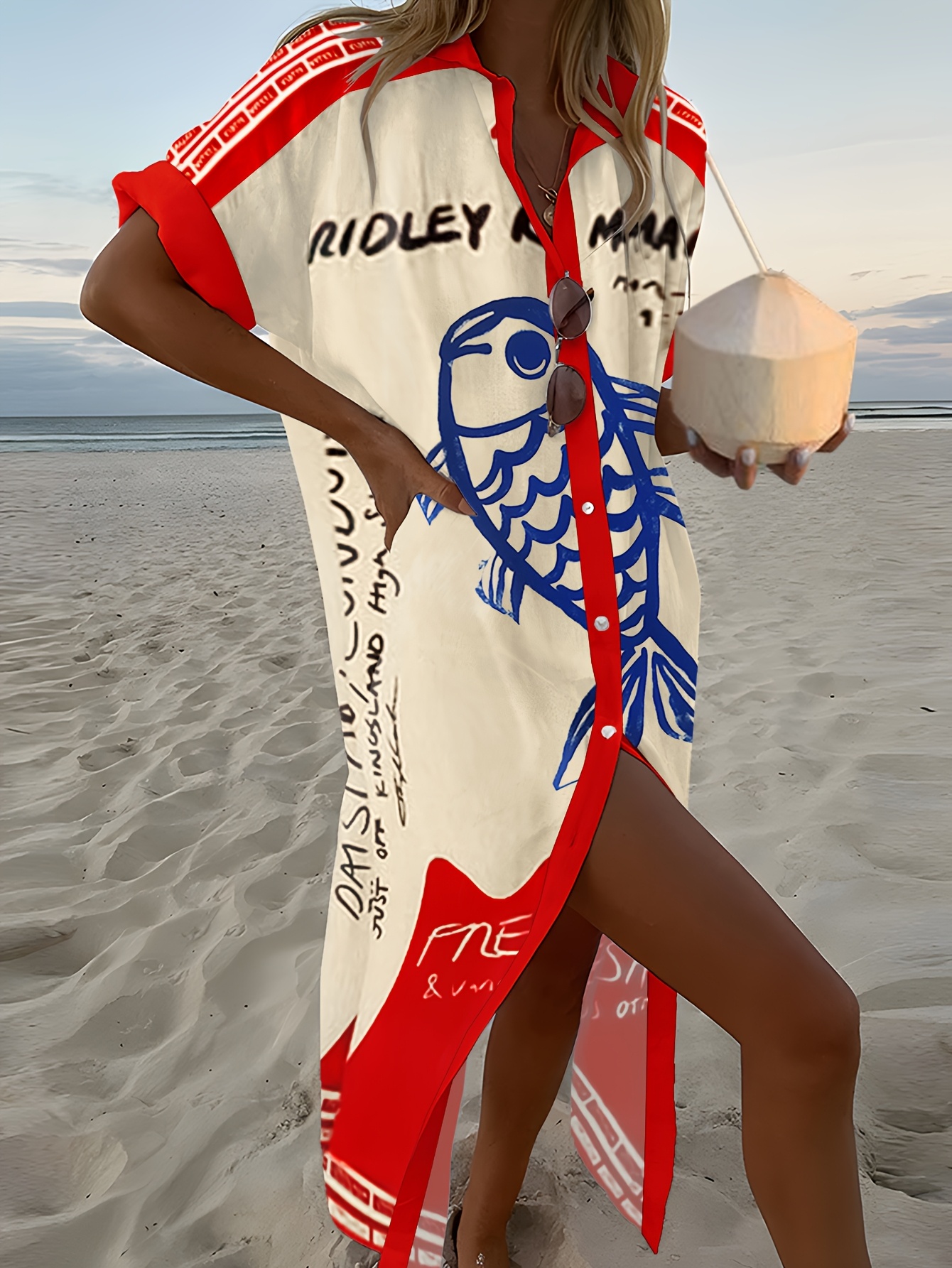 Ridley Yours Beach Dresses Women'S Bohemian Fish Print Beach Dress