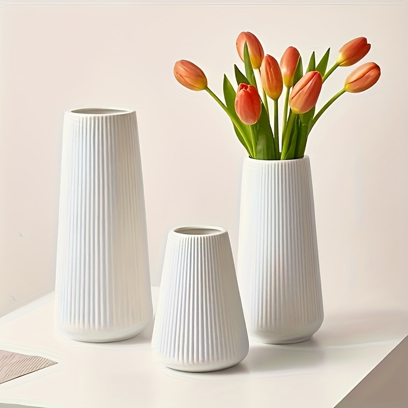 TEMU Set Of 3 Bohemian Striped Vases | Floral Arrangements For Home | Contemporary Table Decor For Living Room And Bedroom | Ideal For Wedding And Holiday Gifts (made Of Plastic) In White