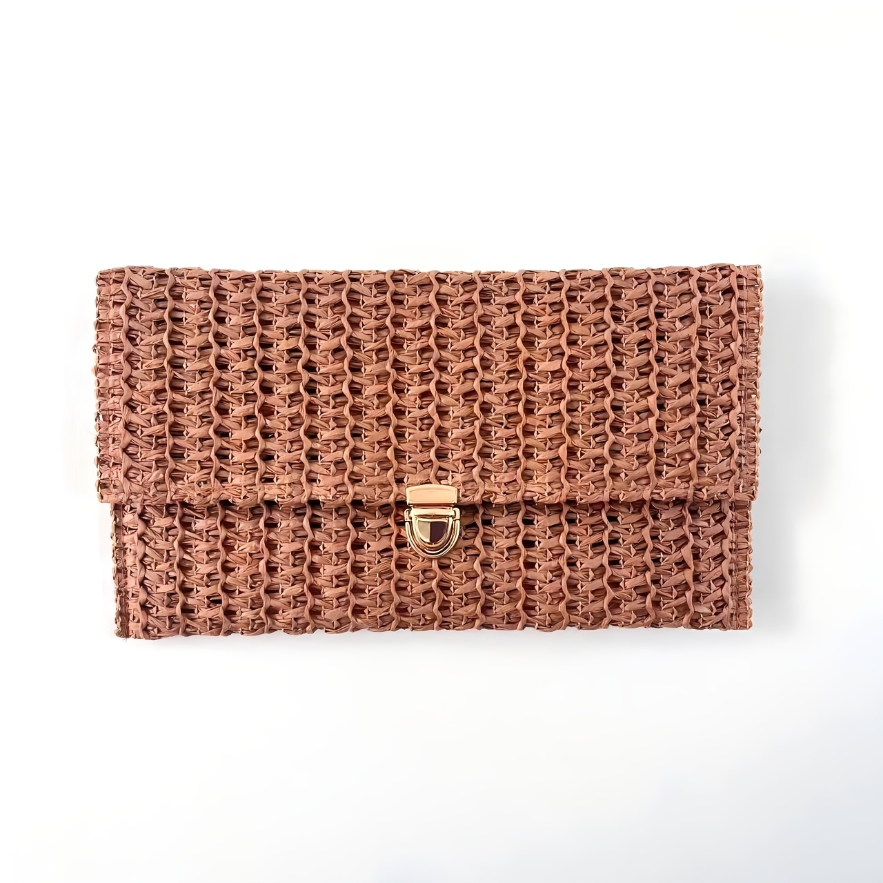 TEMU Women's Clutch Bag, Fashionable Women's Holiday Bohemian Style Straw Woven Bag, Solid Color With Tassel Metal Decoration, Flap Fashionable Woven