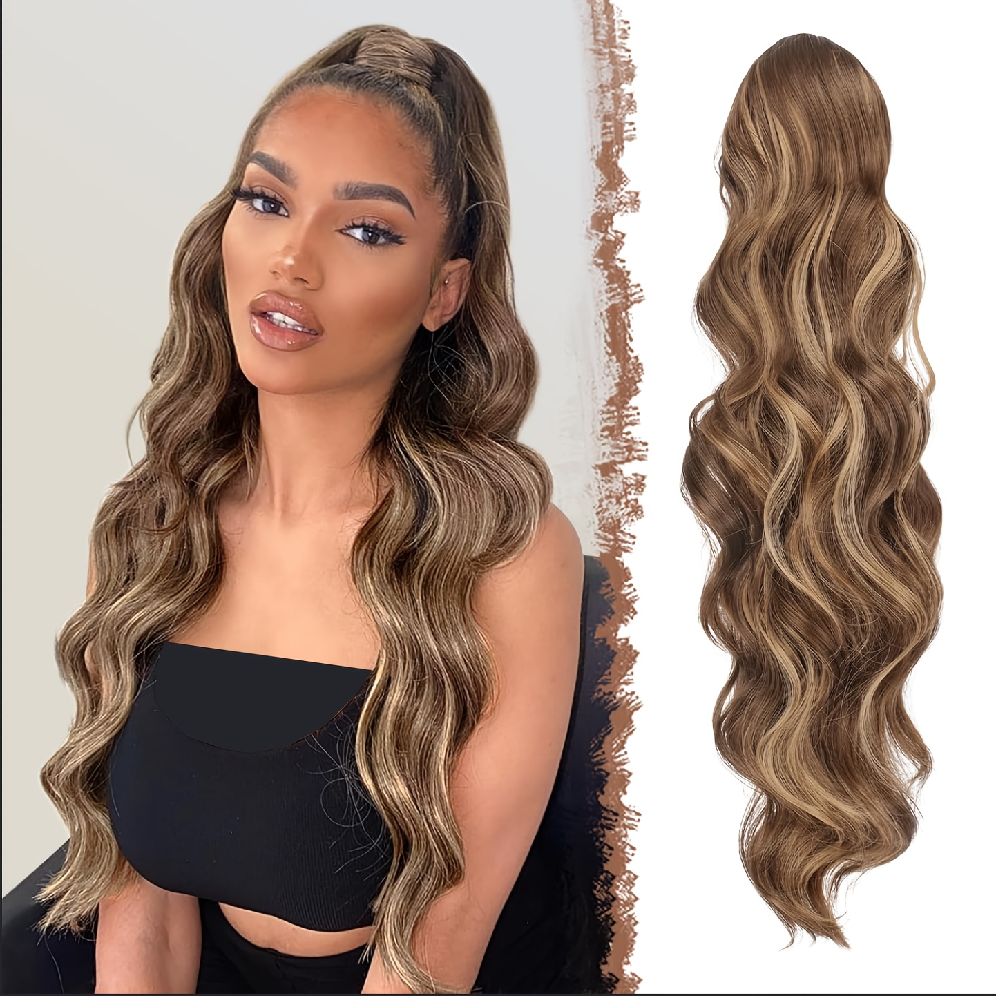 24-inch Long Ponytail Hairpiece With A Drawstring, Featuring Synthetic Wavy And Curly Styles In A Honey Blonde And Light Brown Mix, Perfect For Women. The Highlighted Hair Trendy
