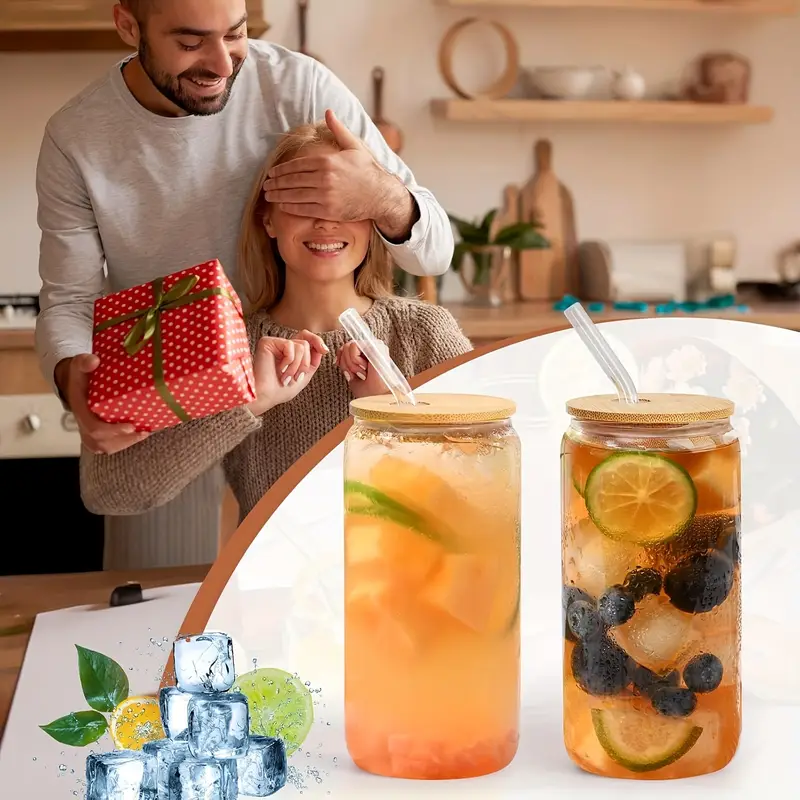 16pcs glass cup with bamboo lid and glass straw wife gives to mother cylindrical drinking cup 16 oz iced coffee cup smoothie boba tea water 2 cleaning brushes Product details 6