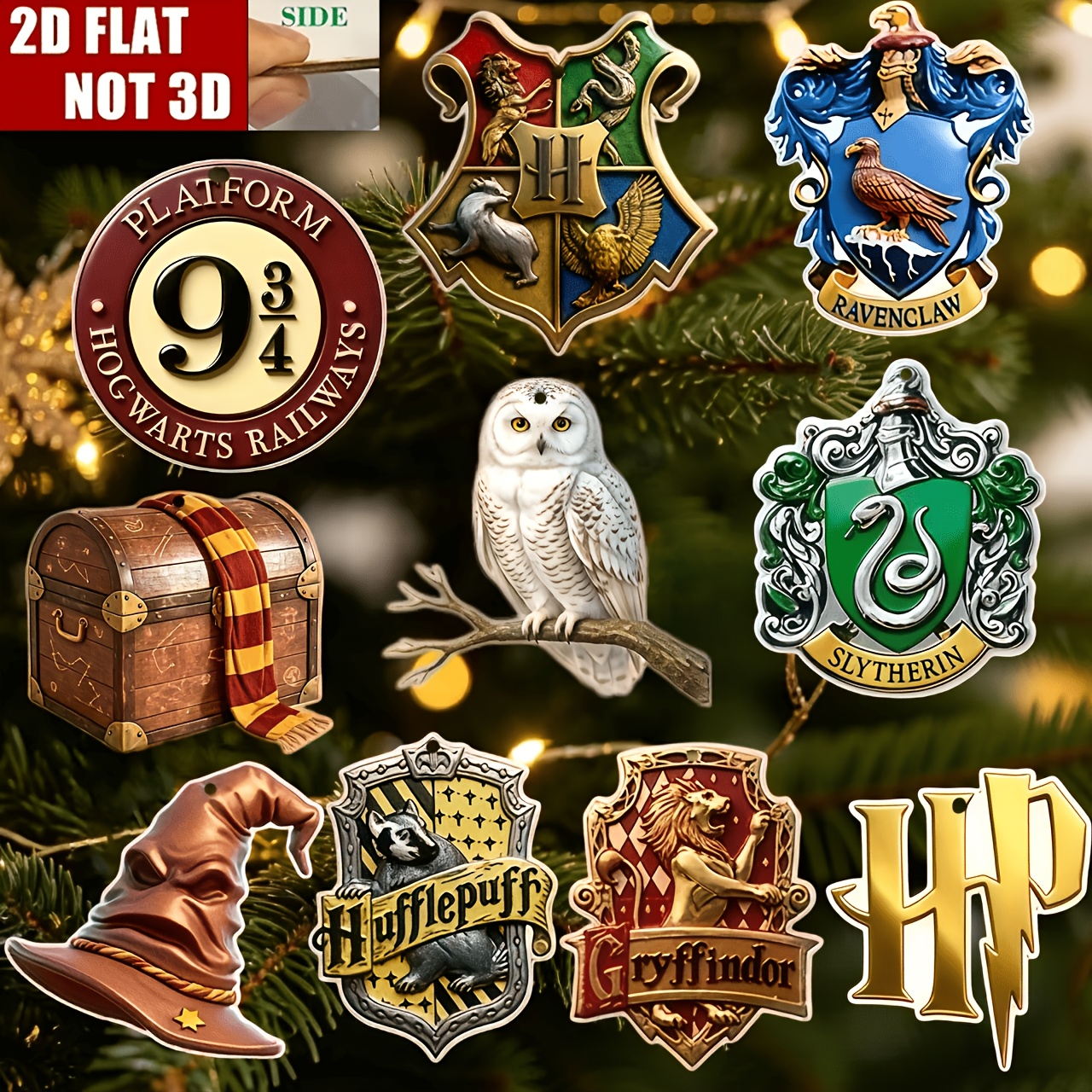TEMU 2d Flat, Themed 2d Flat Christmas Ornament Set Of 10, Featuring ' 4 House Crests, Platform 9 ¾ Sign, Hedwig The Owl, , And Classic Patterns.