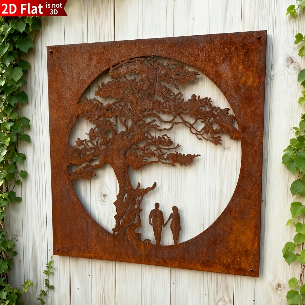 TEMU 2D Plat - Arbre de Vie en Métal Corrodyé 1pc 2D Plat Couleur Rouille Sculpture Murale Couple, Arbre Mystérieux Ombre Décoration Murale Métal