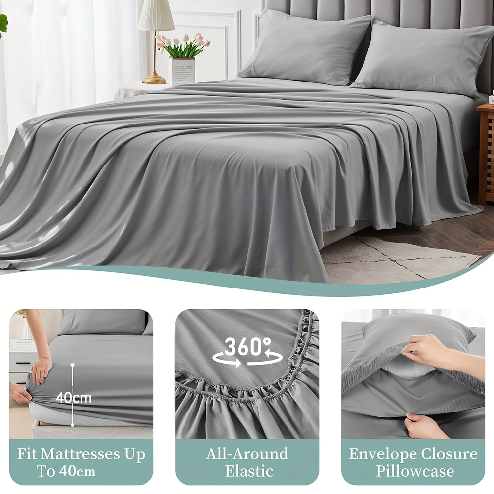 TEMU Bamboo Bed Sheets Set - 4pcs Ultra Soft & Breathable Shrink-resistant Bedding (1 Fitted Sheet, 1 Flat Sheet, 2 Pillowcases) - Deep Pocket 14"
