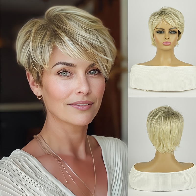 TEMU A Lightweight, Short Elf Wig For Women In A Champagne Hue, Featuring Bangs And A Rose Mesh . This Gradient Straight Hairstyle Is Perfect For