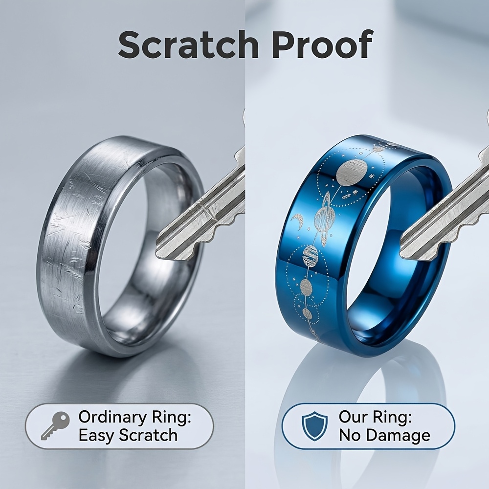 Engraved Blue Tungsten Carbide Cosmic Planet Wedding Band