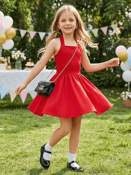 item picture spring summer girls casual fashion halter neck dress featuring a backless design fitting and waist cinching silhouette is solid red with a simple yet style that combines and edginess suitable for special