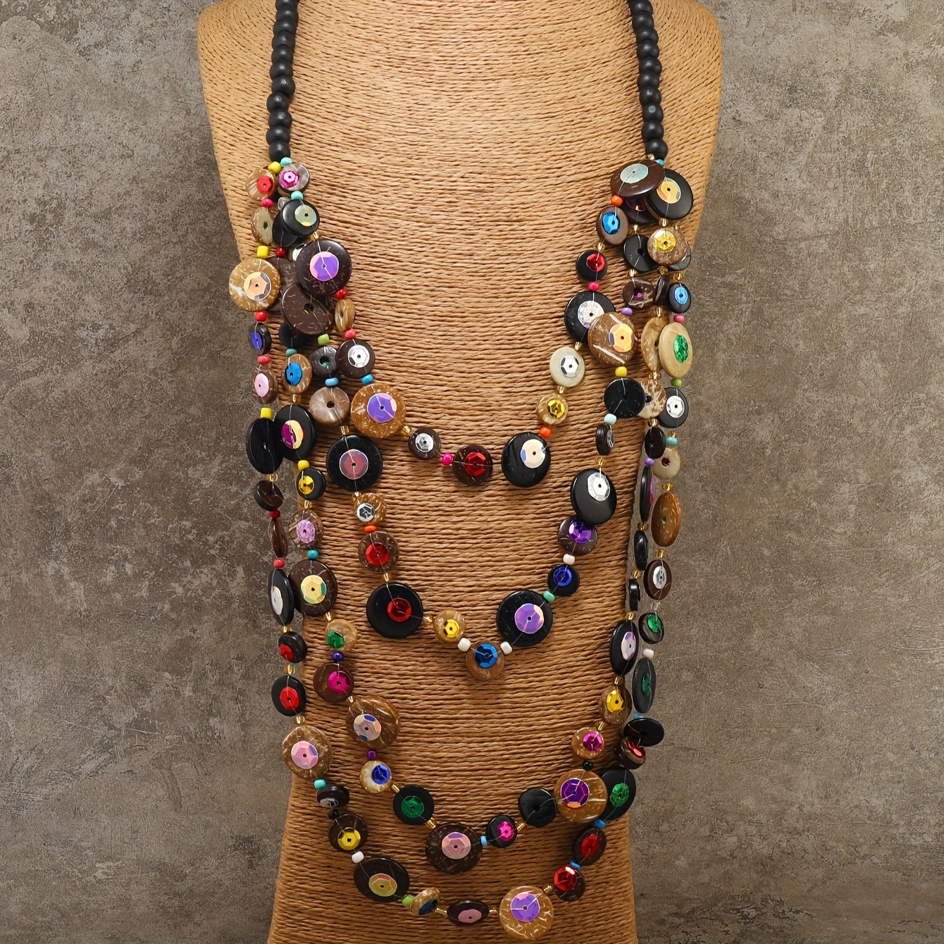 

Ethnic Style Long Floral Multi-layer Coconut Shell Beaded Necklace, (made Of Natural Material, There May Be Some Small Blemishes, Uneven Coloring ; Wooden Beads In Assorted Colors)