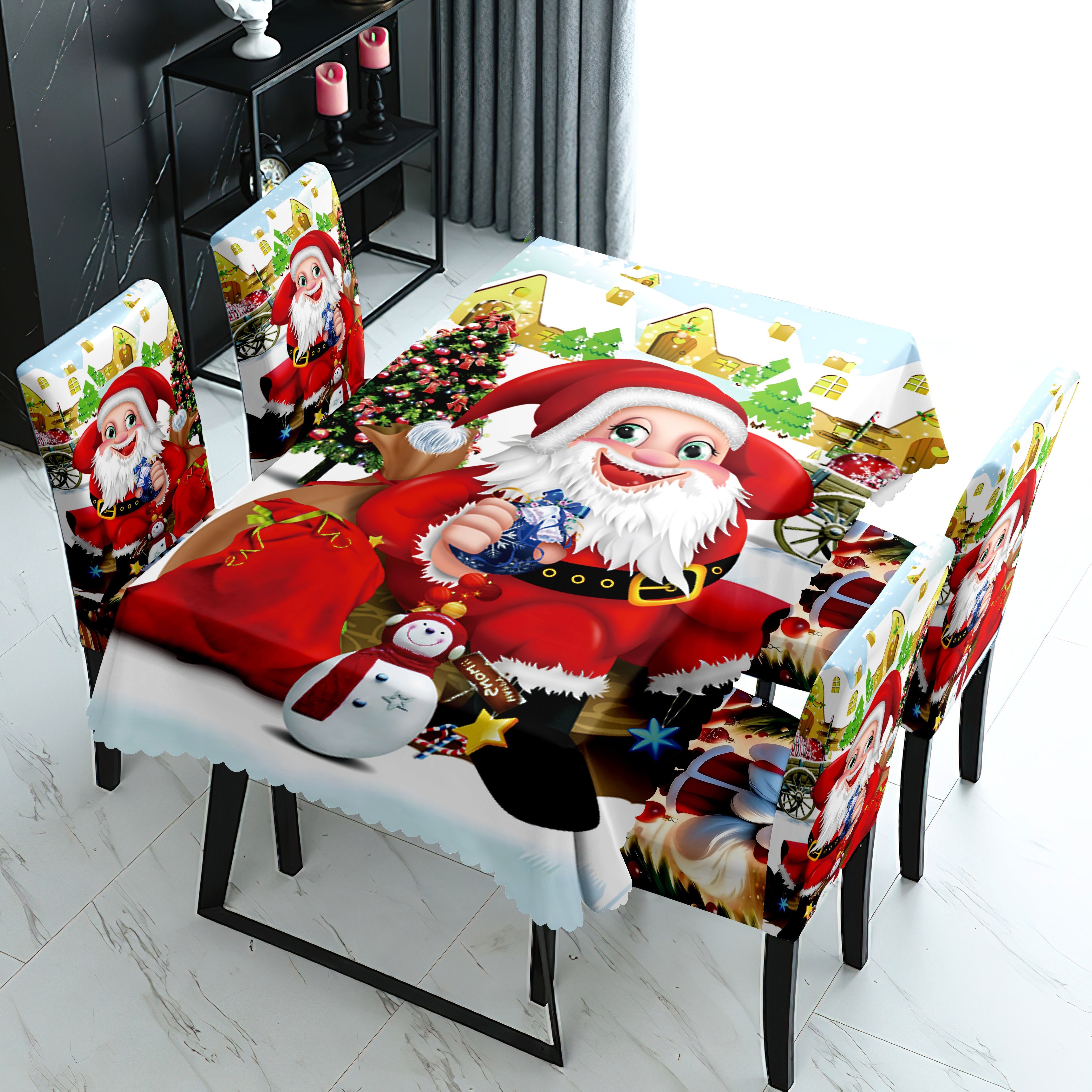 

; Christmas Santa Tablecloth And Set Of 7 6 Covers + 1 Tablecloth / Set Of 5 4 Covers + 1 Tablecloth, Christmas Embossed Tablecloth + Set, And , Washed;