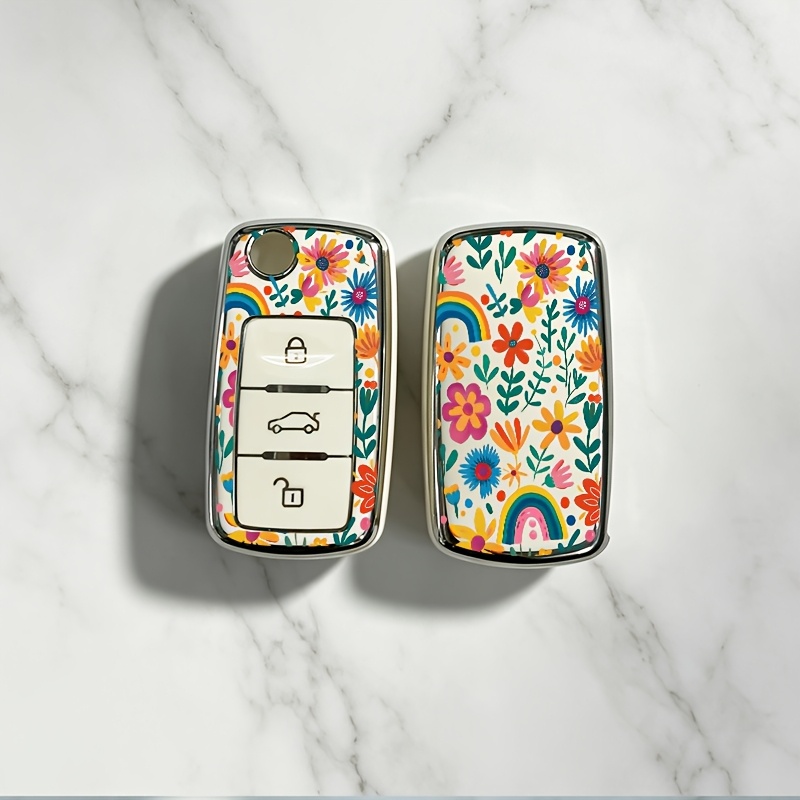 TEMU Graffiti Flowers, 2D Adecuado para de Llave VW de 3 Botones, TPU Completa para Volkswagen New Beetle, Tiguan, Golf, , para Volkswagen Passat,