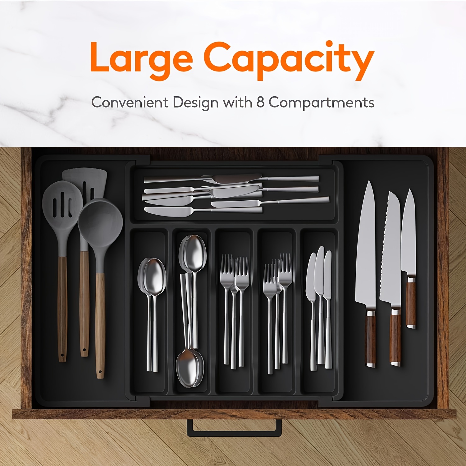 

8-compartment Kitchen Organizer - Foldable Plastic Storage Rack For Utensils, Knives & Spoons