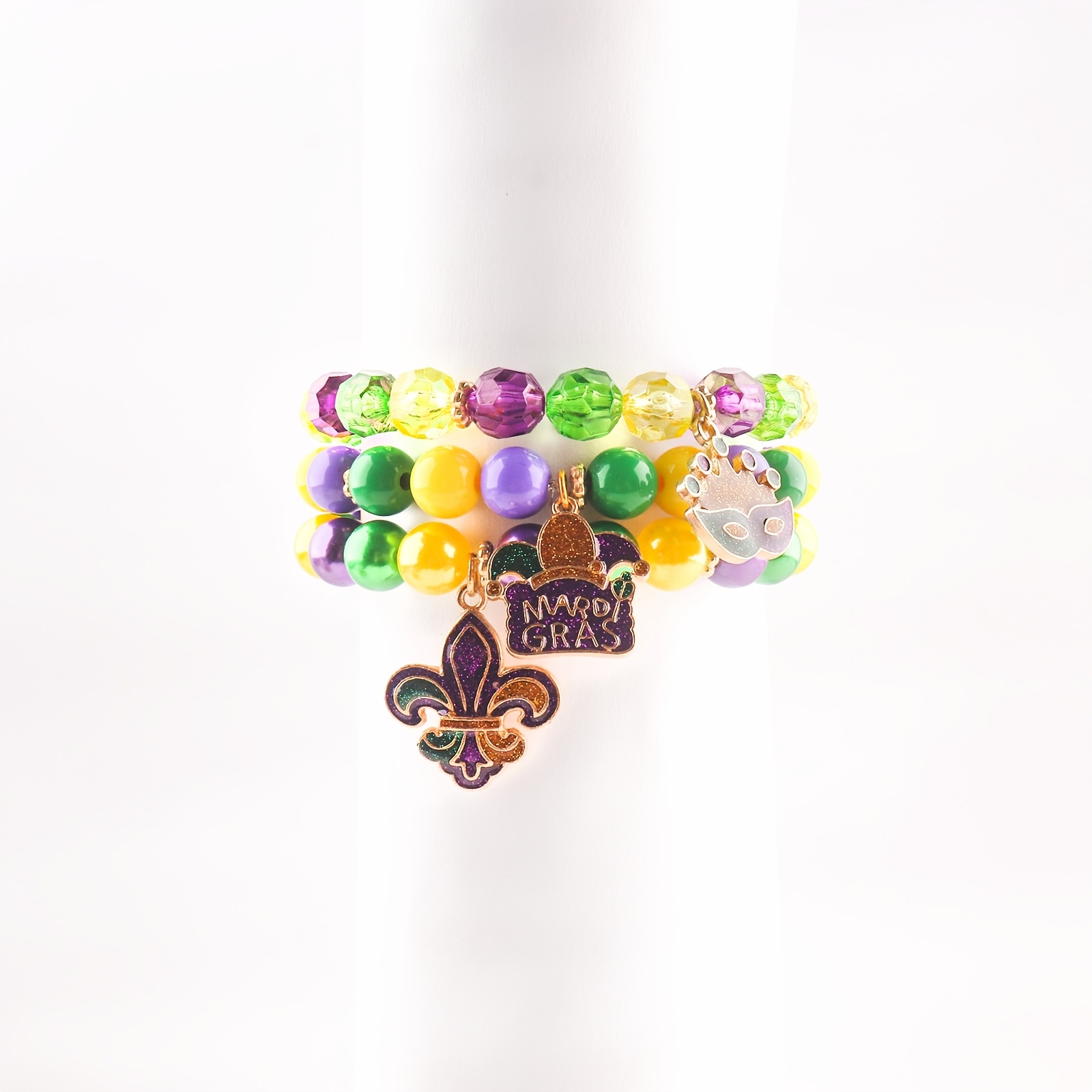 

3pcs Carnival Bracelet Mask Hibiscus Flower Pendant Bracelet, Purple Green Yellow Beads Women's Bracelet Set, Very Suitable For Wear