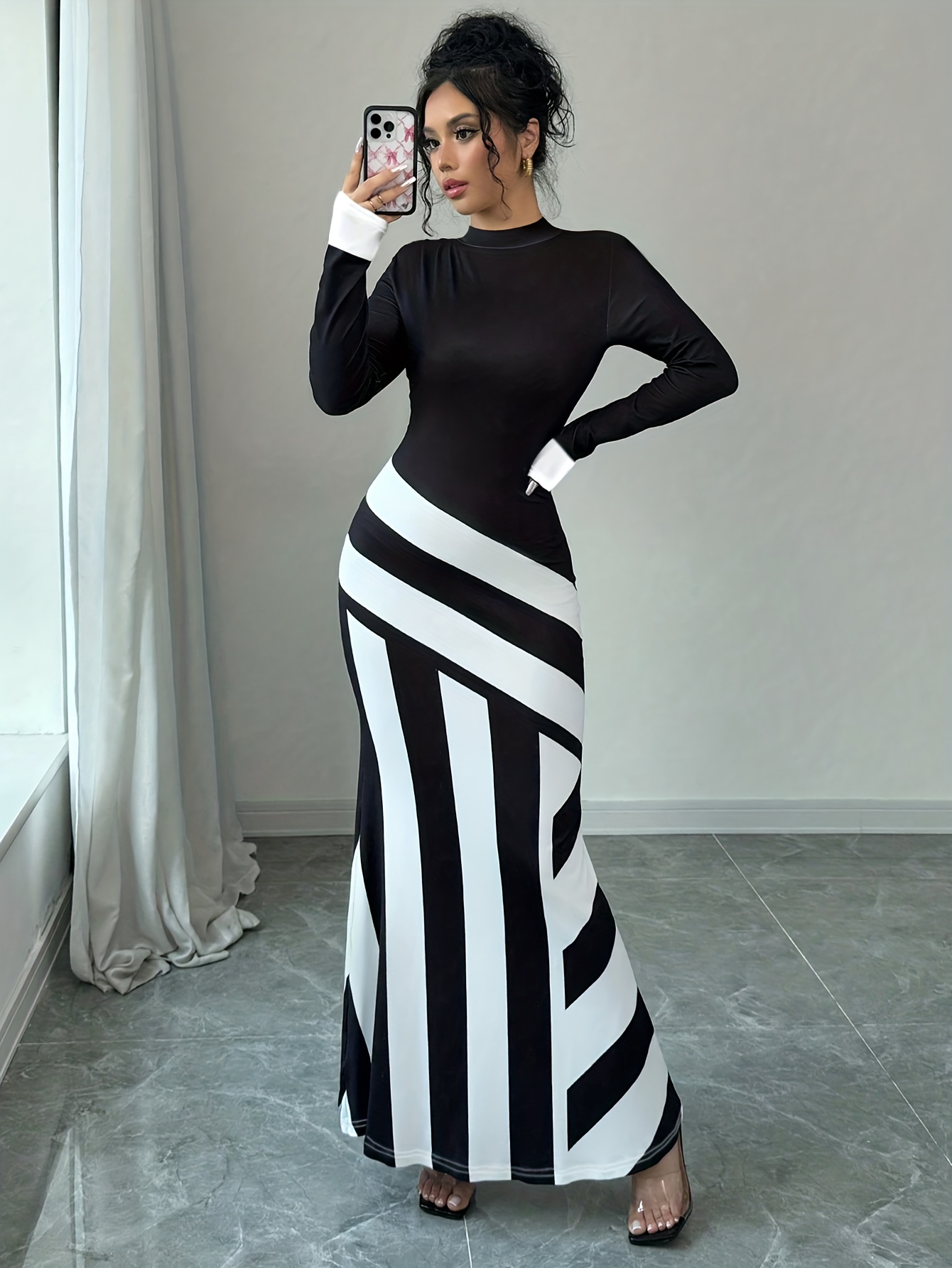 女士优雅高领条纹修身鱼尾裙 - 可机洗中弹力中长款连衣裙，适合春秋季办公室与休闲穿搭 商品详情 8