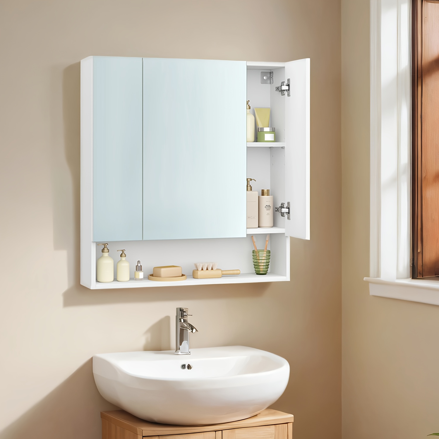 E-shop Badezimmer Schrank mit Spiegeltüren, Aufbewahrungsmöbel, Spiegelwand Schrank, Offenes Fach, Verstellbare Regale, 16.5 x 70 x 75 cm