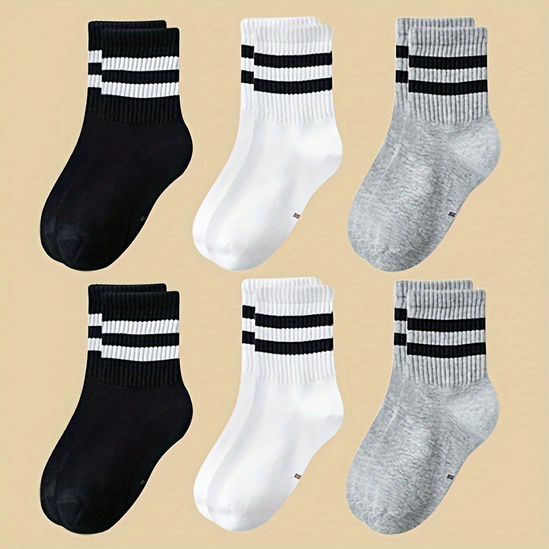 

6 Pairs Of Simple Solid Striped Mid-tube Socks Sports Socks, Breathable And Comfortable, Suitable For Or Back To School