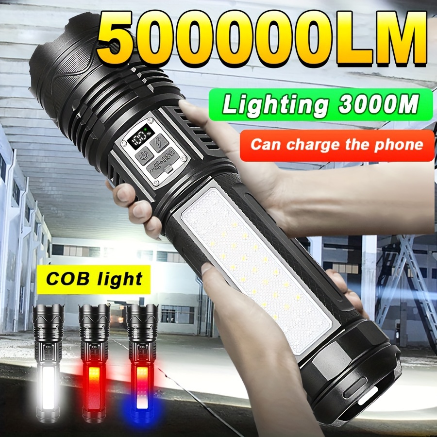 

1pc Rechargeable 15000mah Led Flashlight, High-power Tactical Torch With Long Range, Ultra Bright And Water-resistant