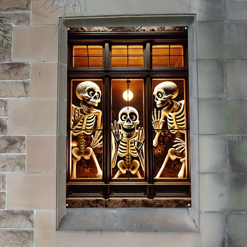 

Skeleton Door Banner - 1pc Polyester Funny Window Decoration, Reusable Multipurpose Party Decor For Indoor & Outdoor Use - No Electricity Needed - Hego Brand