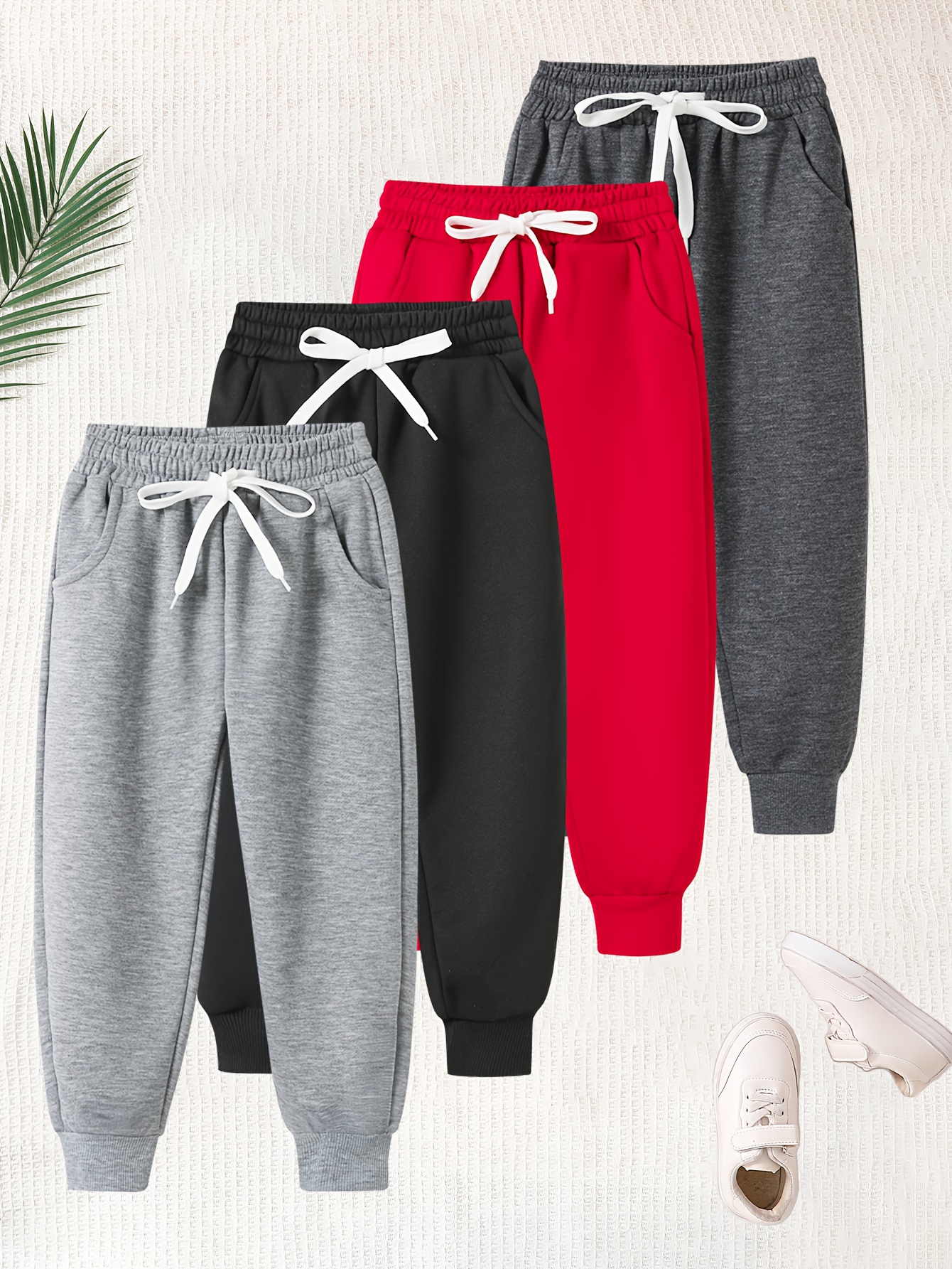 set of 4 boys sporty running pants with pockets and drawstring waist soft stretchy blend casual athletic pants suitable for spring summer fall   in black gray red and dark gray   outdoor activities   outdoor