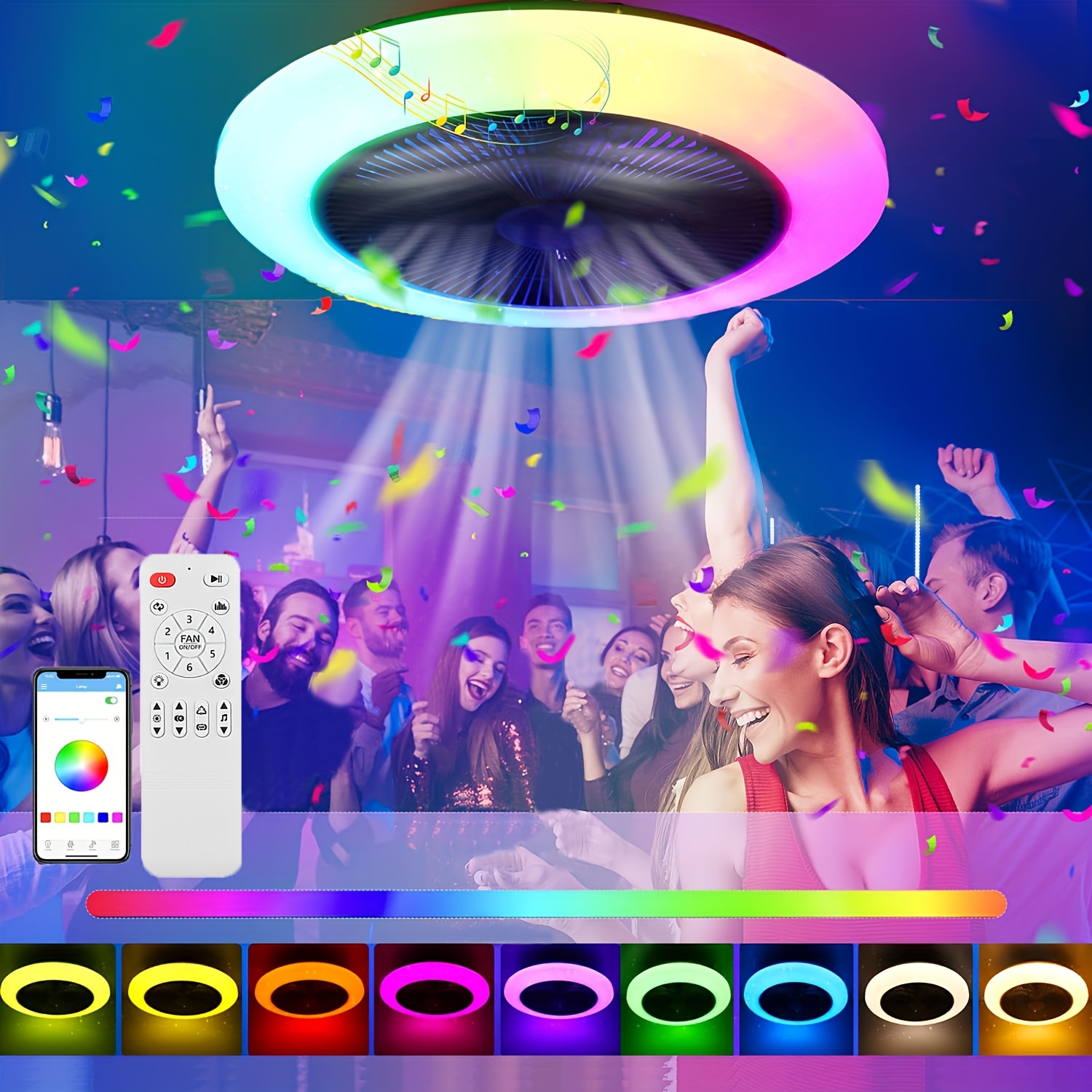 E-shop 50W RGB Intelligente Deckenventilator-Leuchte mit Steuerung & App – Intelligenter Motor geeignet für Schlafzimmer/Wohnzimmer, umkehrbarer