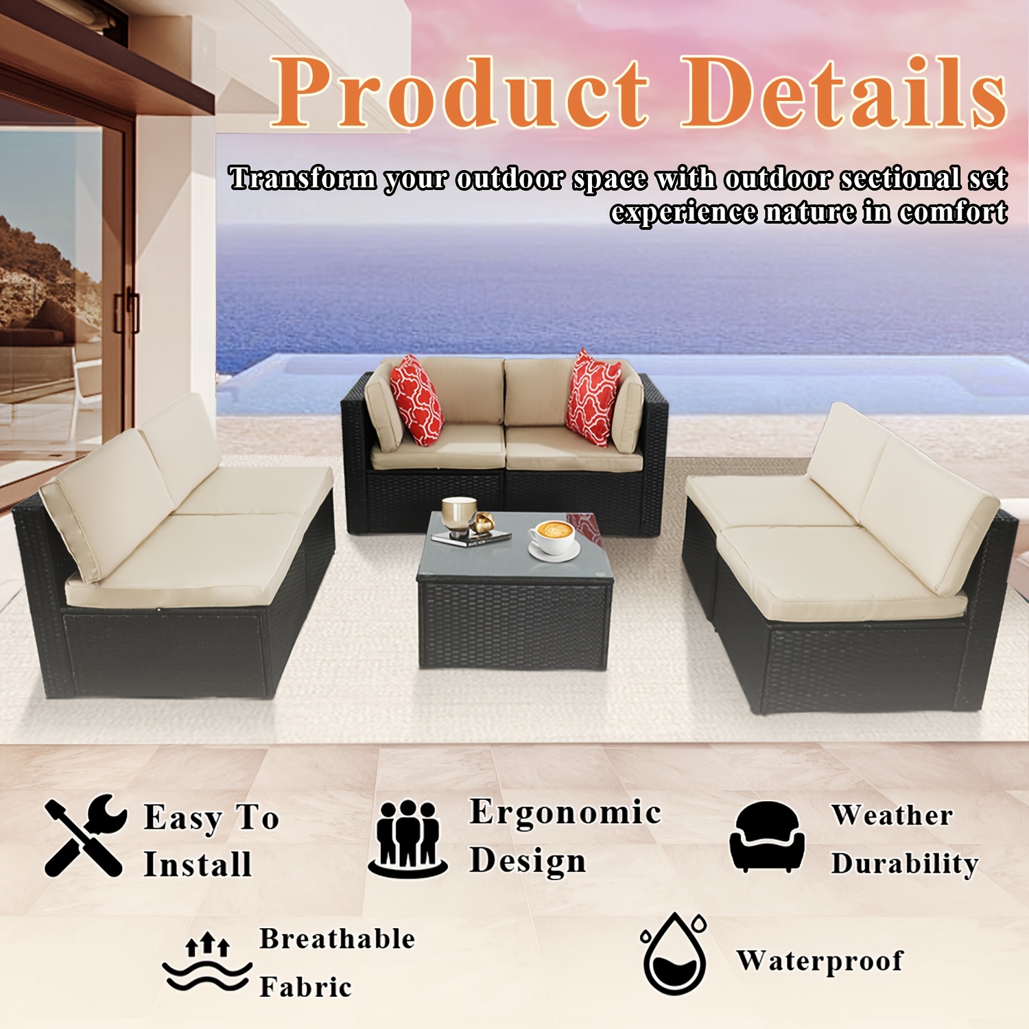 Outdoor Patio Furniture Set, 7pcs Wicker Sectional Sofa And Coffee Table, Plush Cushions With 2 Soft Pillows, Rattan Patio Set For Porch, Garden, Or Backyard (Beige/Blue) - Patio Furniture Outdoor