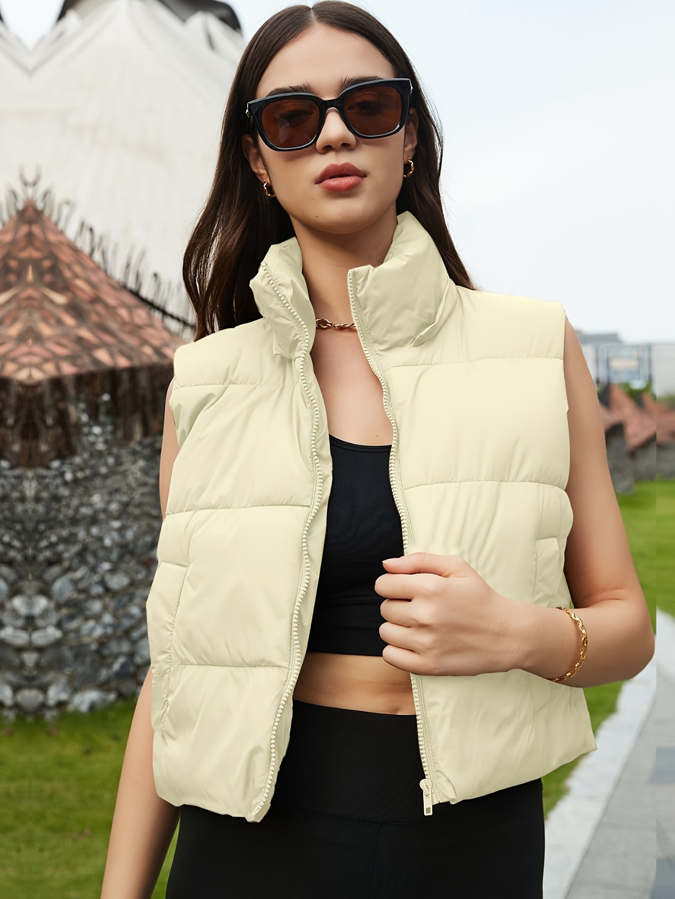 Womens Cropped Puffer Vest Winter Sleeveless Vest Jackets For Women Zip Up  Padded Hoodie Gilet With Pockets