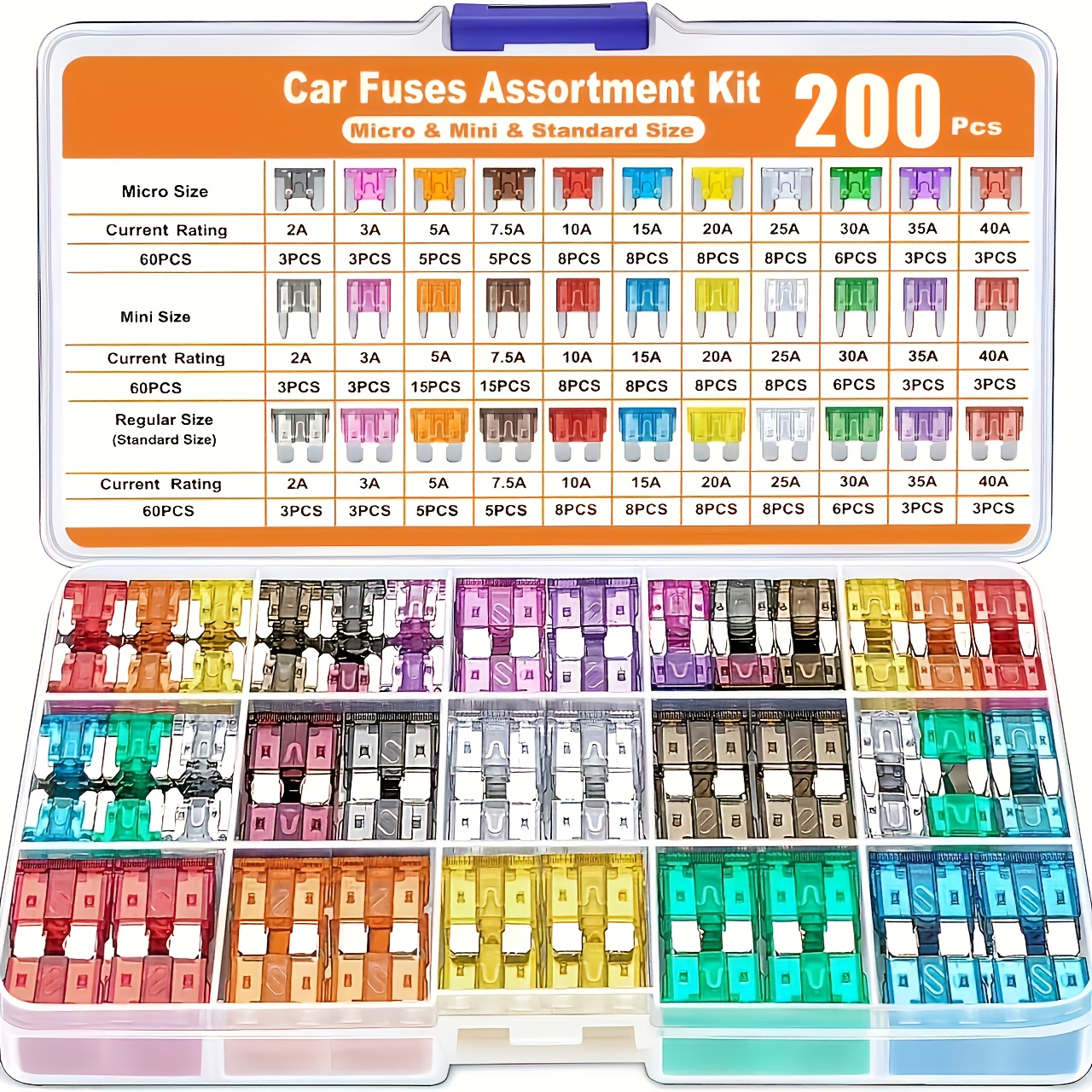 Image of 200/300pcs Car Fuse Combo Kit, 80 Mini Chip Car Fuses + 60 Standard Car Fuses + 60 Micro Fuses + 1 Puller - For Cars/rvs/trucks/motorcycles (2amp 3a 5a 7.5a 10a 15a 20a 25a 30a 35a 35a 40a)