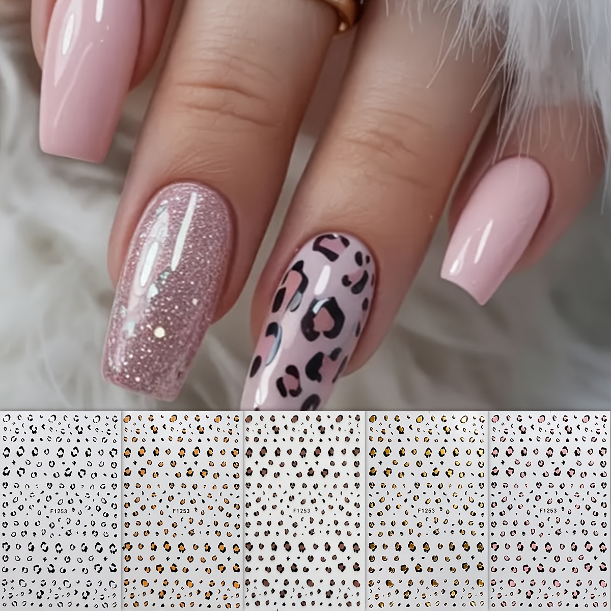 TEMU Set di adesivi per unghie leopardato multicolore da 5 fogli, adesivi per unghie con mini macchie leopardate nere, rosa, nude e marroni, set di