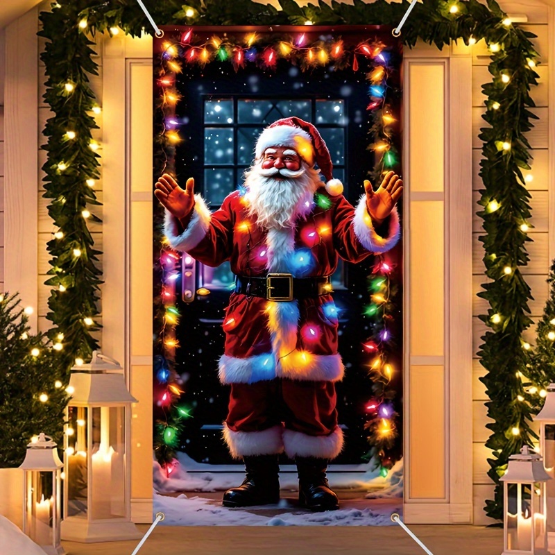 TEMU Santa Claus Christmas Door Curtain Banner With Lights - Polyester, No Power Needed, Indoor/outdoor Holiday Decor & Parties
